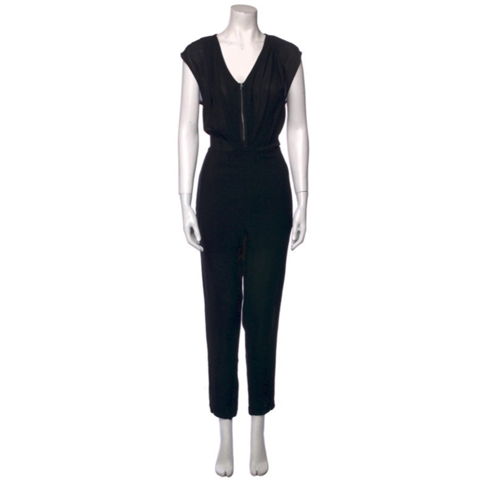 Sandro Paris Black Viscose Silk Sleeveless Exposed Zipper V-Neck Jumpsuit Sz 1/S